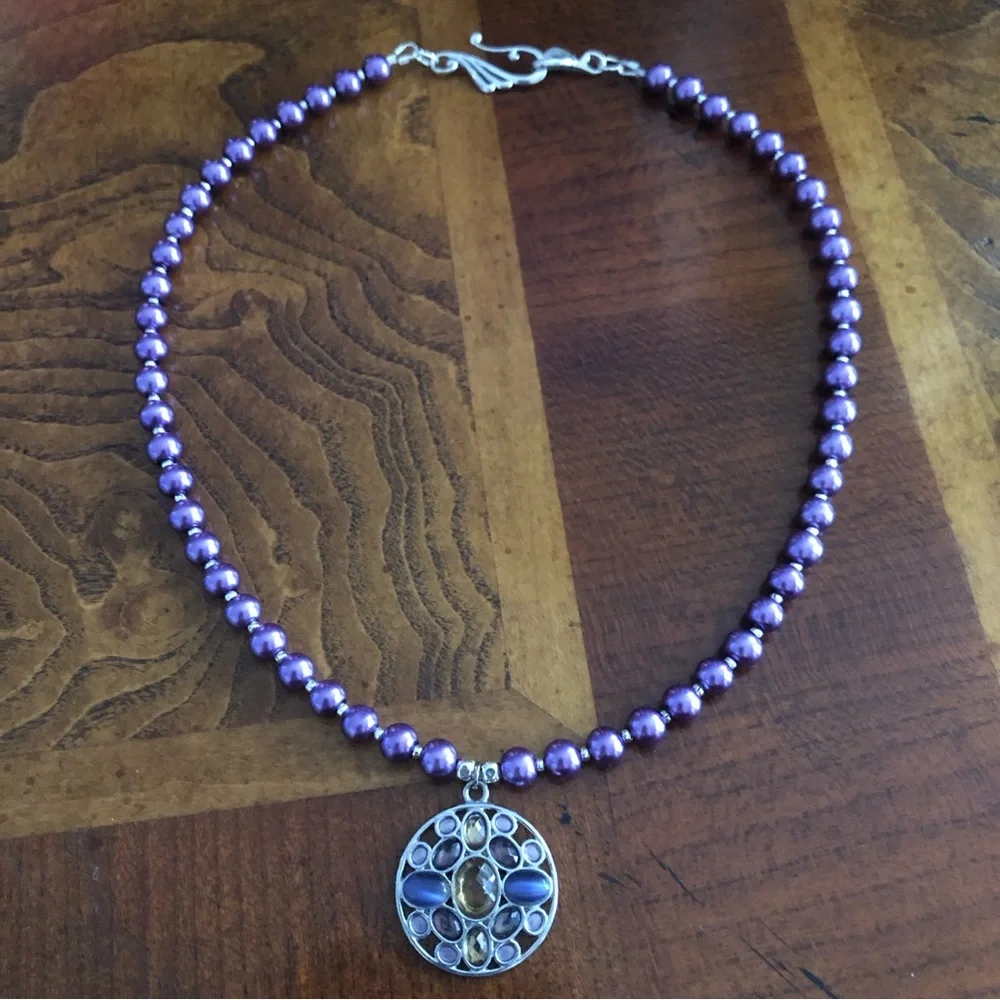 Handcrafted repurpose multi tone stone pendant Czech glass Pearl necklace